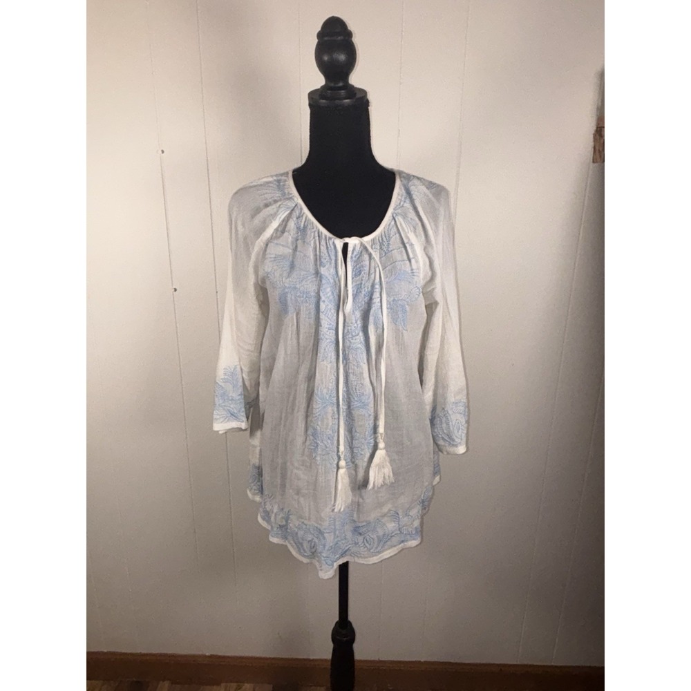 Tommy Bahama white embroidered peasant tunic top Xs beach flowing boho vacation